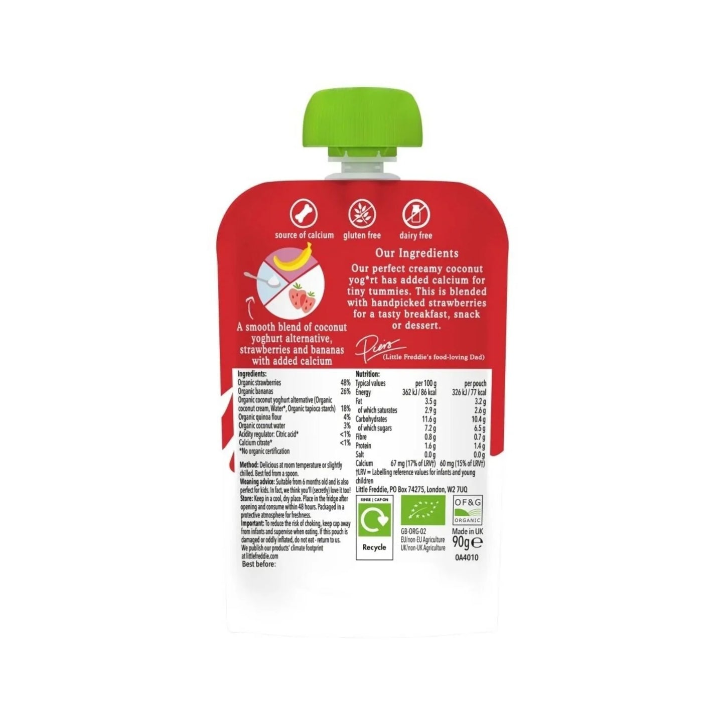 Little Freddie Organic Dairy Free Strawberry Yoghurt Baby Food Pouch 6+ months 90g