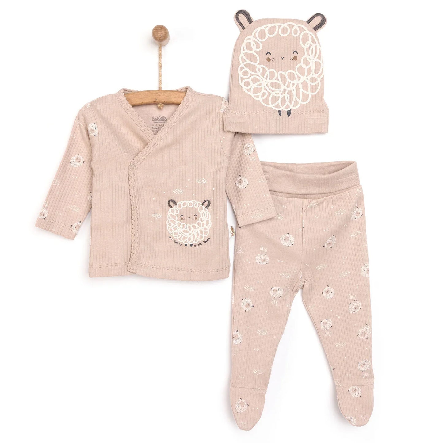 Bebetto Newborn Baby Girl Top-Footed Jumpsuit- Hat - Beige