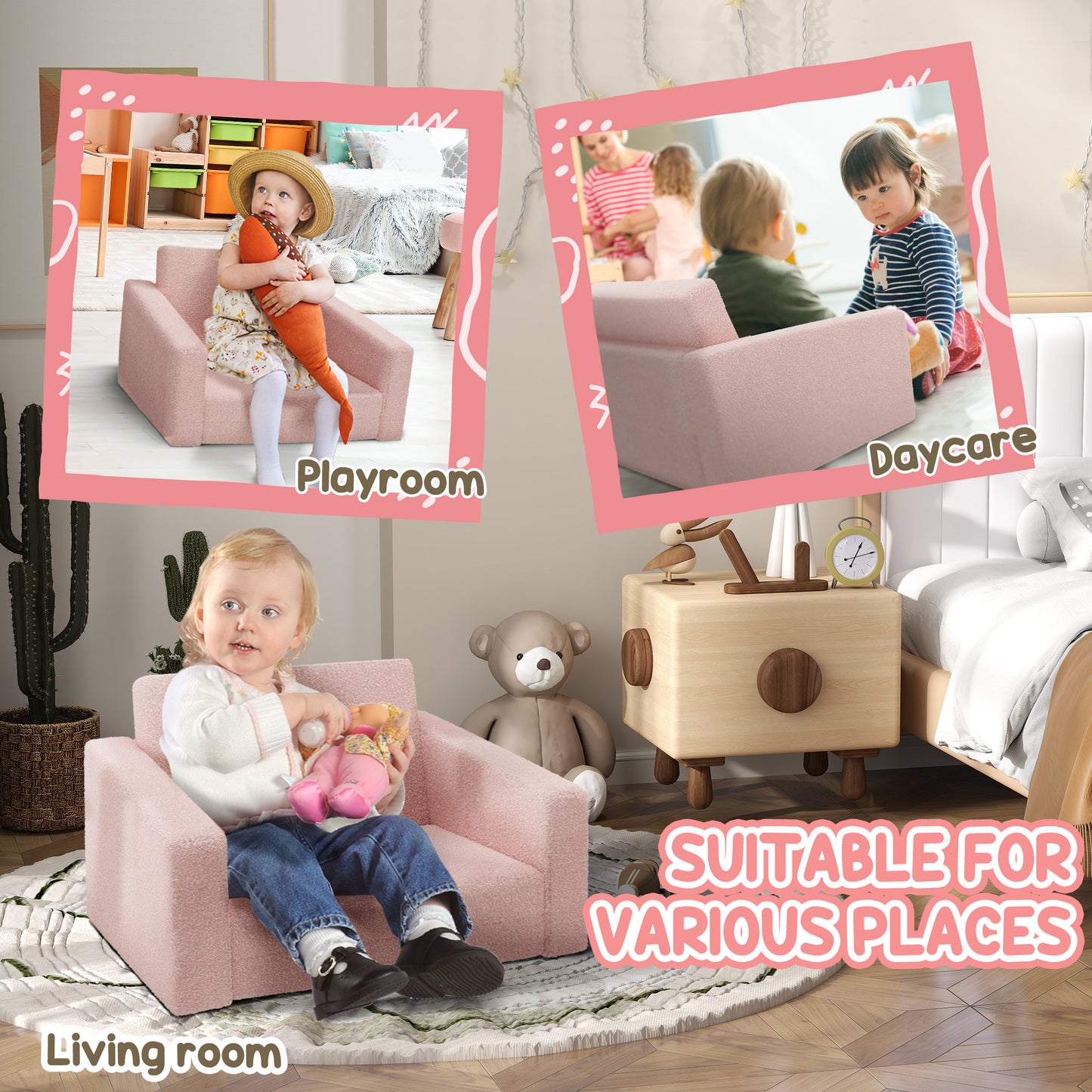 Childrens Sofa 2 in 1 Kids Convertible Sofa Kids Armchair, Foldable Recliner for Bedroom Playroom Living Room, Pink | AIYAPLAY-3