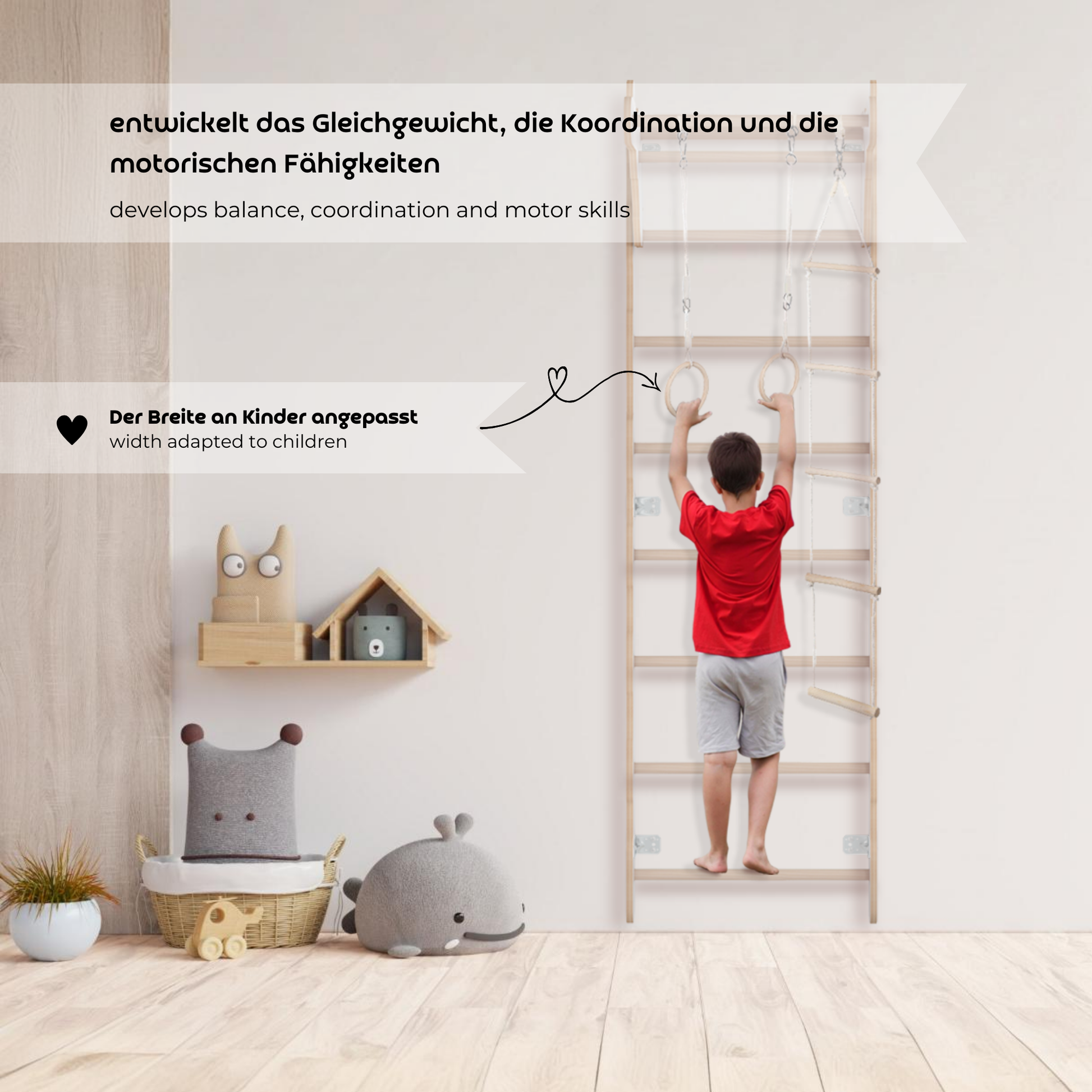 MAMOI® Children's Gymnastics Wall Bar (210 cm) | Wooden Wall-Mounted Ladder | Climbing Ladder for Kids | Gymnastic Rings | Safety Mat | Climbing Rope | 100% ECO | Made in EU-5