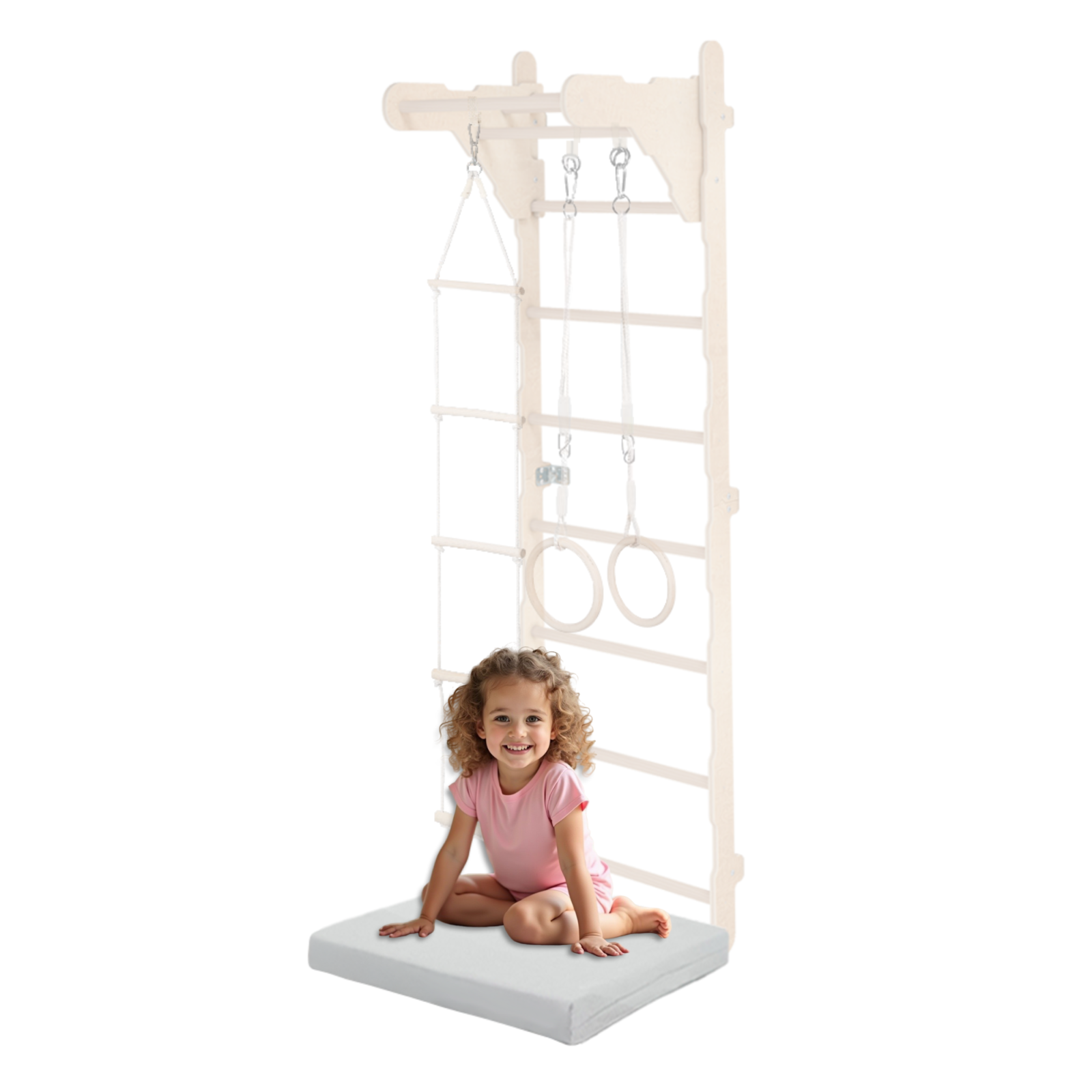 MAMOI® Children's Gymnastics Wall Bar (210 cm) | Wooden Wall-Mounted Ladder | Climbing Ladder for Kids | Gymnastic Rings | Safety Mat | Climbing Rope | 100% ECO | Made in EU-0