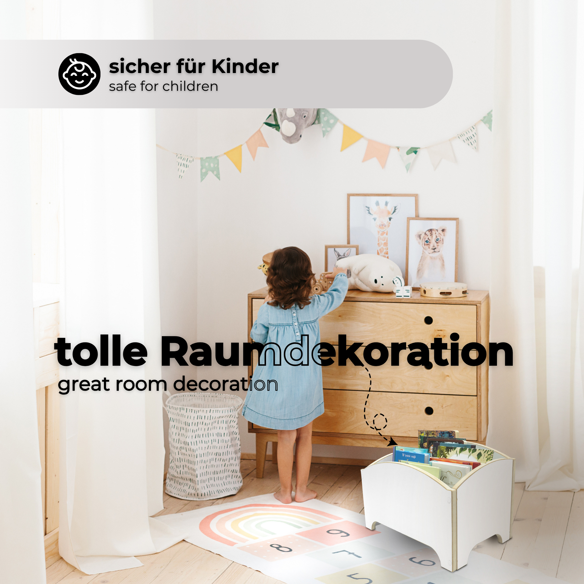 MAMOI® Bookshelf for children, book shelf, wall shelf children's shelf, book box for children's room, book shelf children's bookshelf, book bench wood, play box white-5