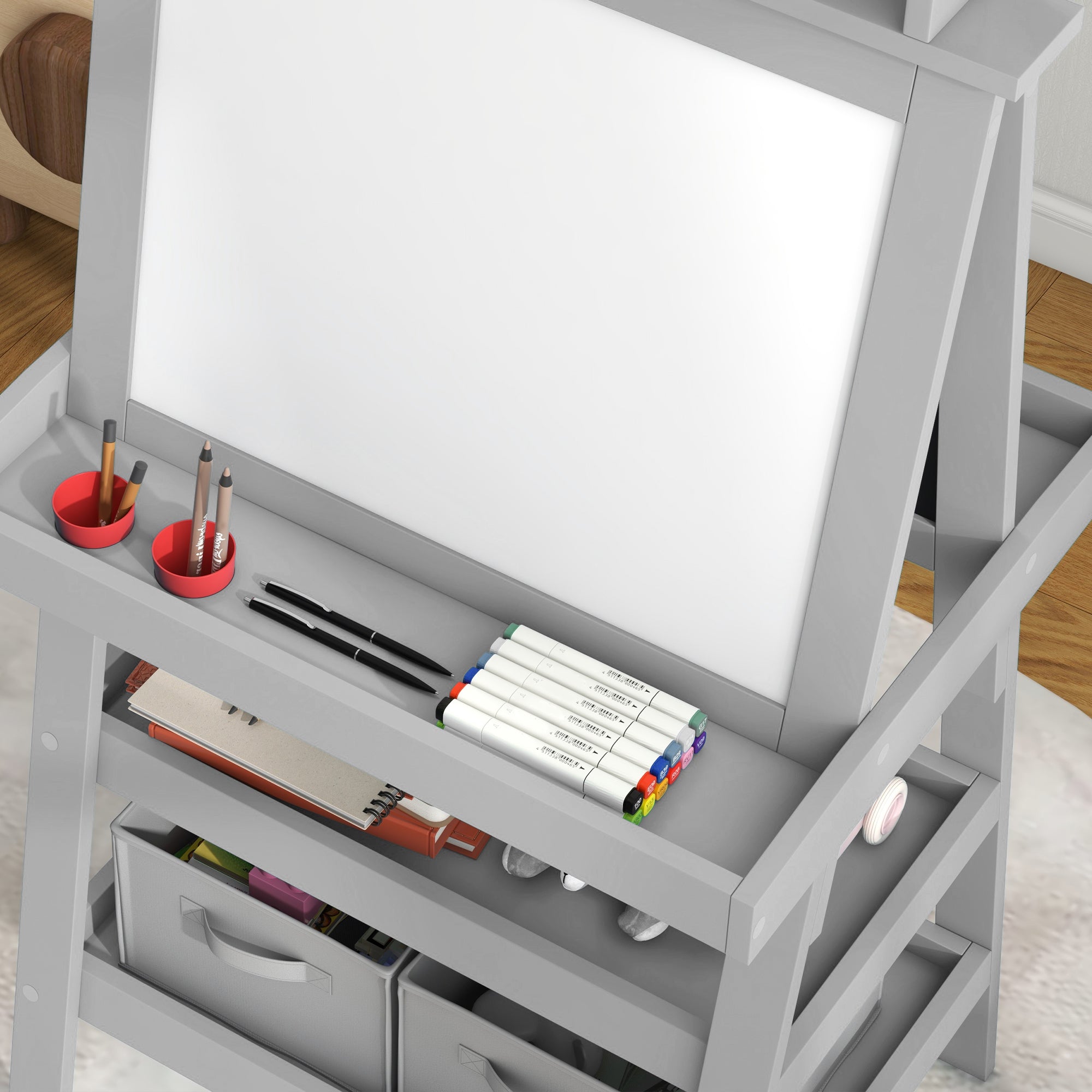 AIYAPLAY 3 in 1 Kids Easel Double-Sided Magnetic Whiteboard and Chalkboard with Paper Roll, Storage Baskets in Grey-6