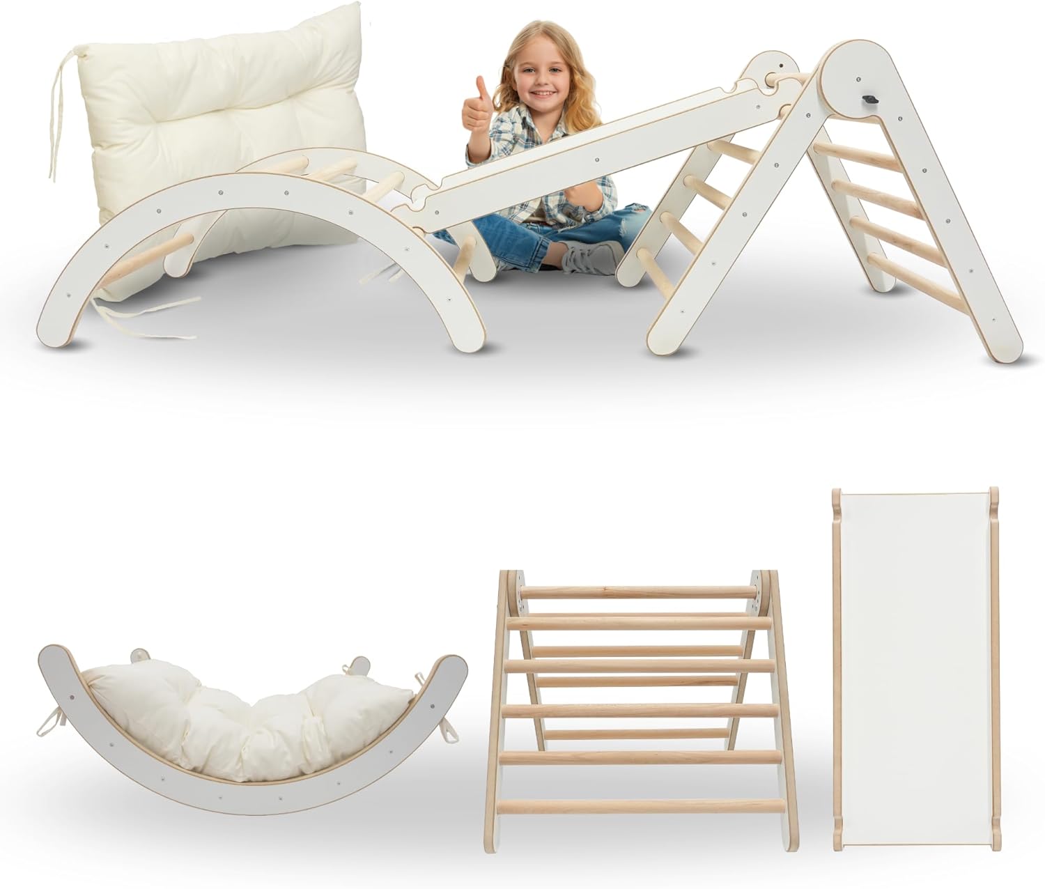 MAMOI® Climbing Frame Climbing Triangle Indoor 4 in 1 SET. Montessori climbing arch with cushions, indoor playground 1-3 years and slide for children.-0
