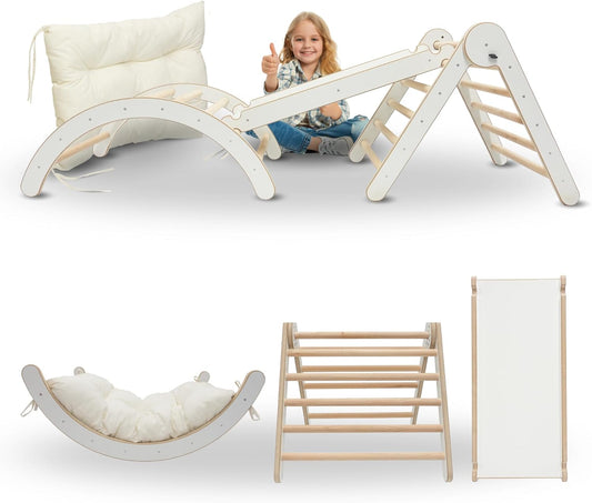 MAMOI® Climbing Frame Climbing Triangle Indoor 4 in 1 SET. Montessori climbing arch with cushions, indoor playground 1-3 years and slide for children.-0