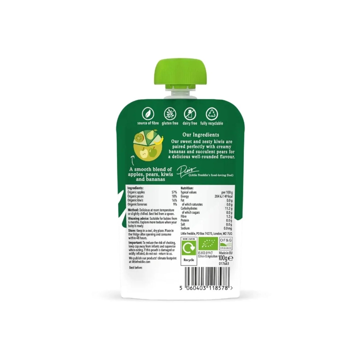 Little Freddie Organic Zesty Kiwis Bananas & Pear Baby Food Pouch 6+ months 100g