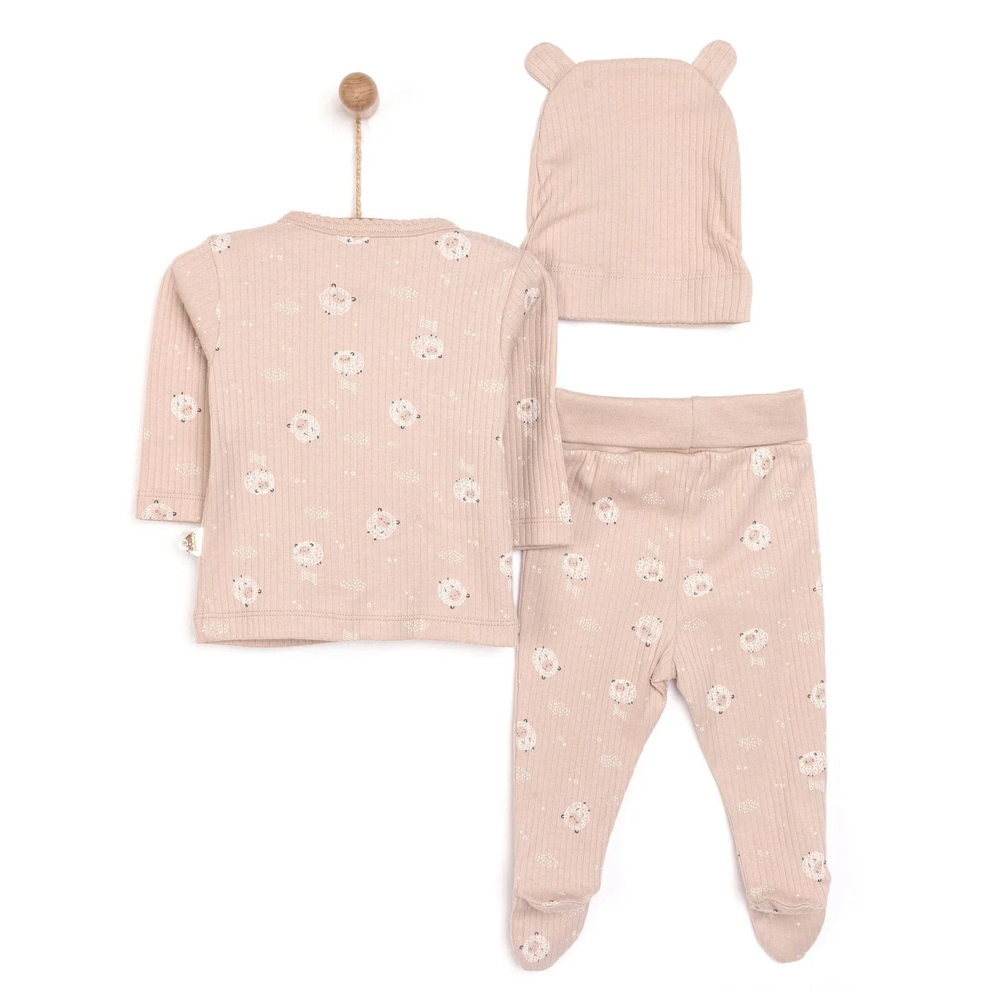 Bebetto Newborn Baby Girl Top-Footed Jumpsuit- Hat - Beige