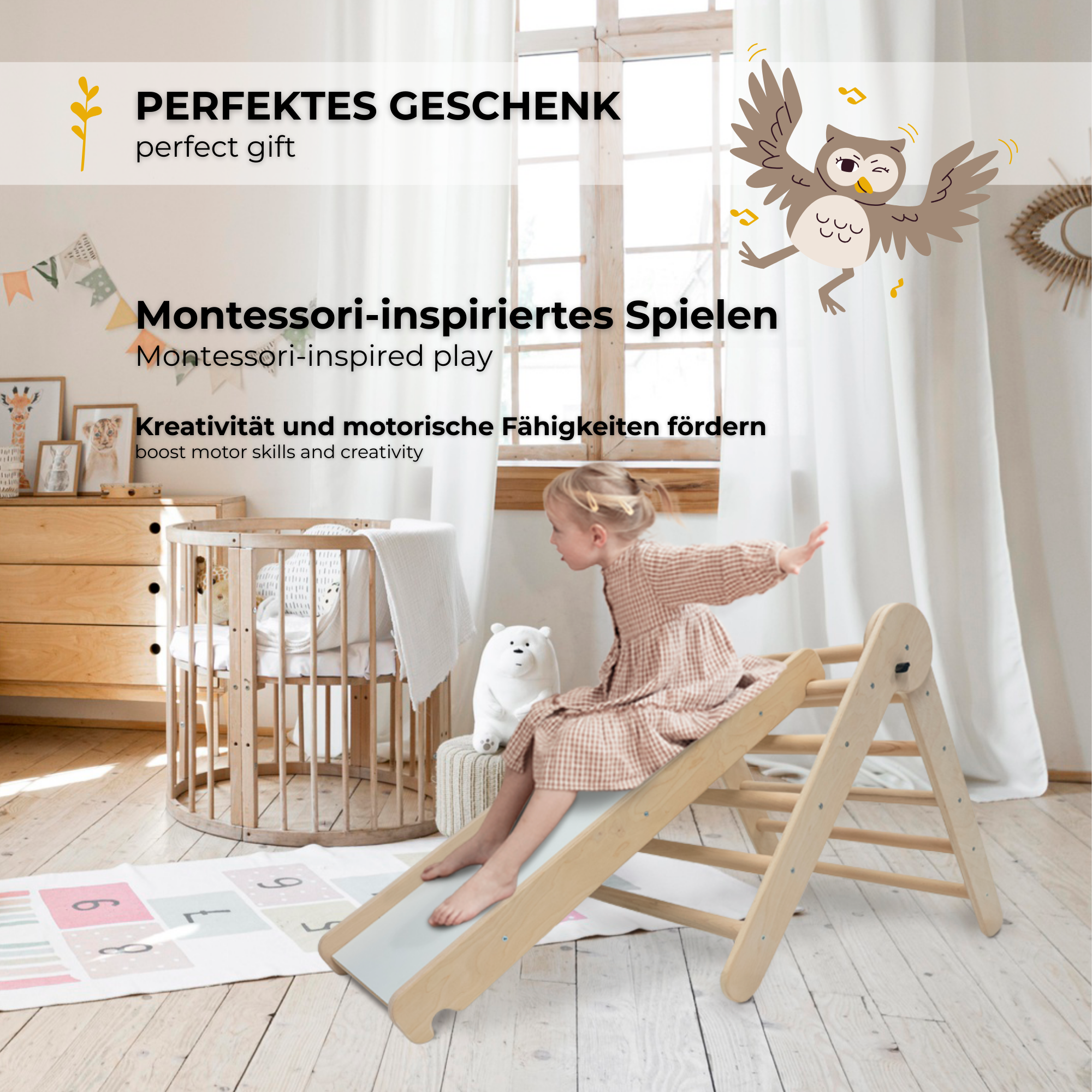 MAMOI® Climbing Frame Climbing Triangle Indoor 4 in 1 SET. Montessori climbing arch with cushions, indoor playground 1-3 years and slide for children.-4