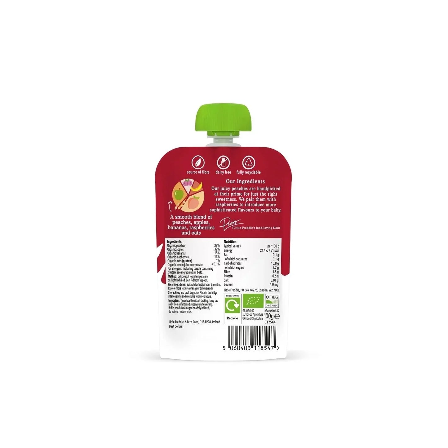 Little Freddie Organic Peaches & Raspberries Baby Food Pouch 6+ months 100g