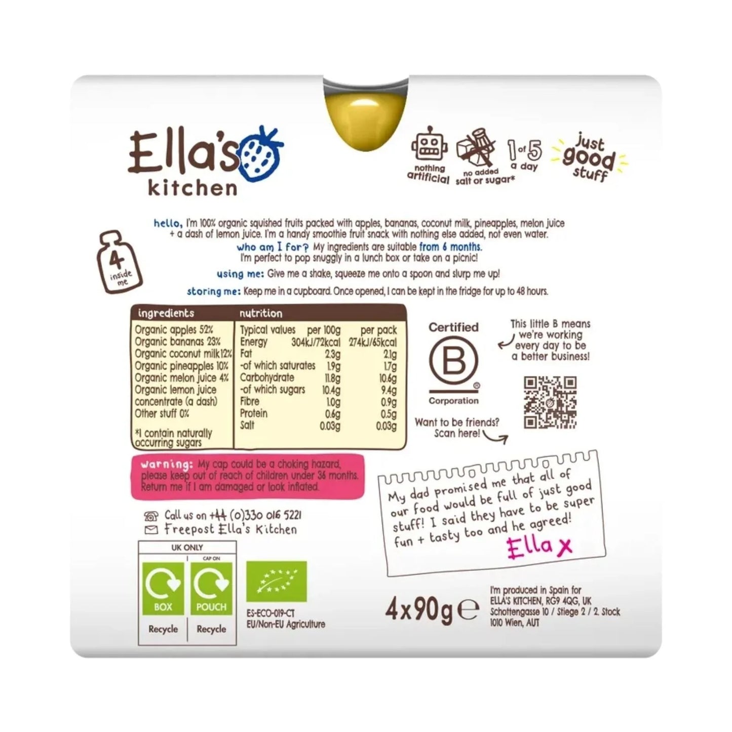 Ella's Kitchen Organic Smoothie The White One Multipack Baby Food Pouch 6+ months 450g (5x90g)