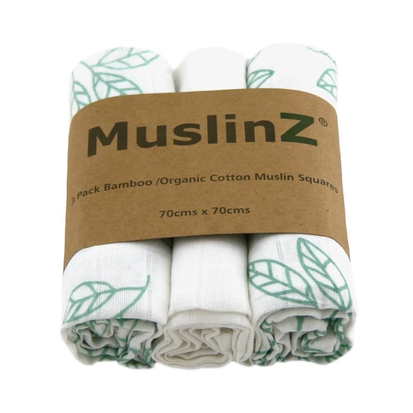 MuslinZ Bamboo/Organic Cotton Muslin Squares 70x70cm Pack of 3 - Aqua Leaf