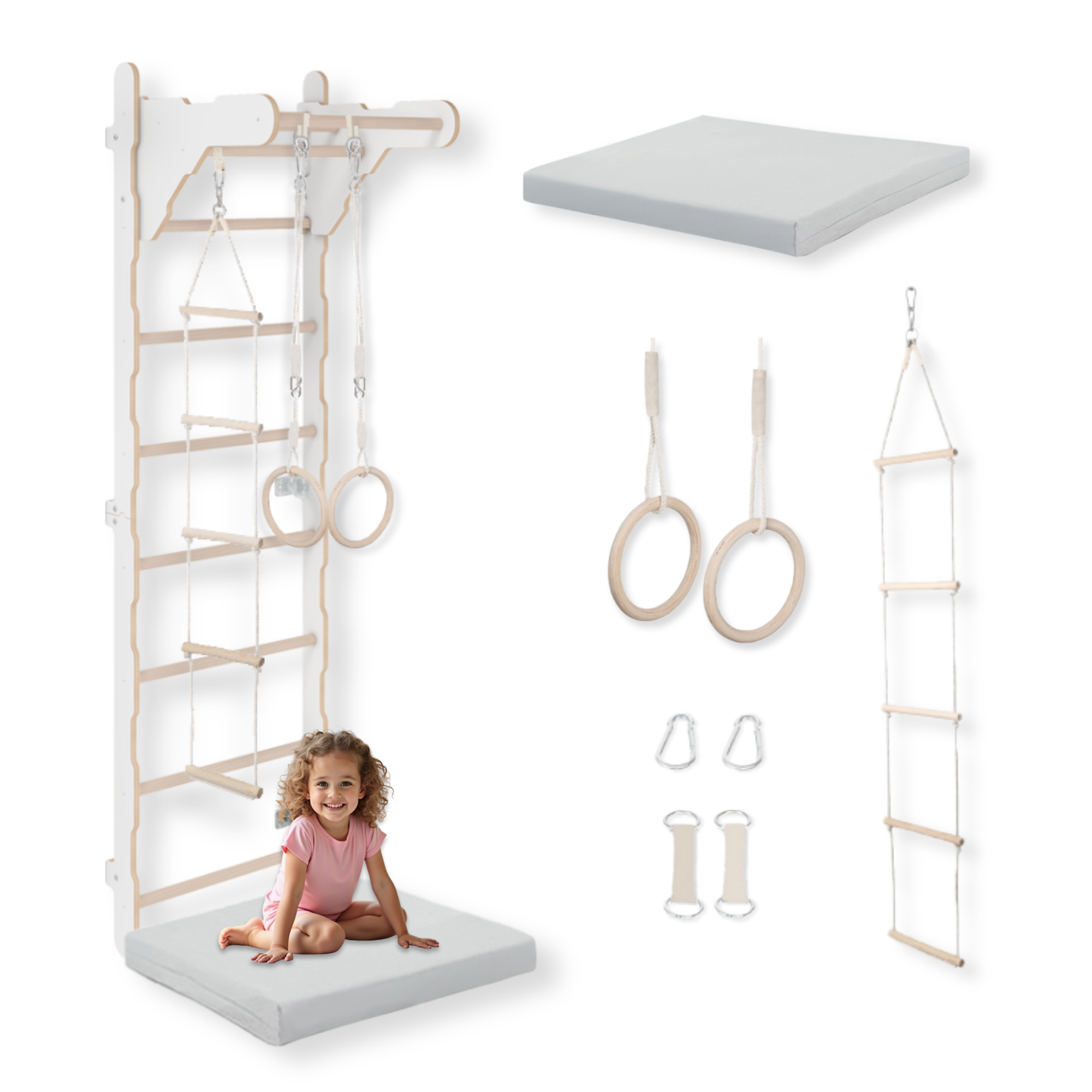 MAMOI® Children's Gymnastics Wall Bar (210 cm) | Wooden Wall-Mounted Ladder | Climbing Ladder for Kids | Gymnastic Rings | Safety Mat | Climbing Rope | 100% ECO | Made in EU-0