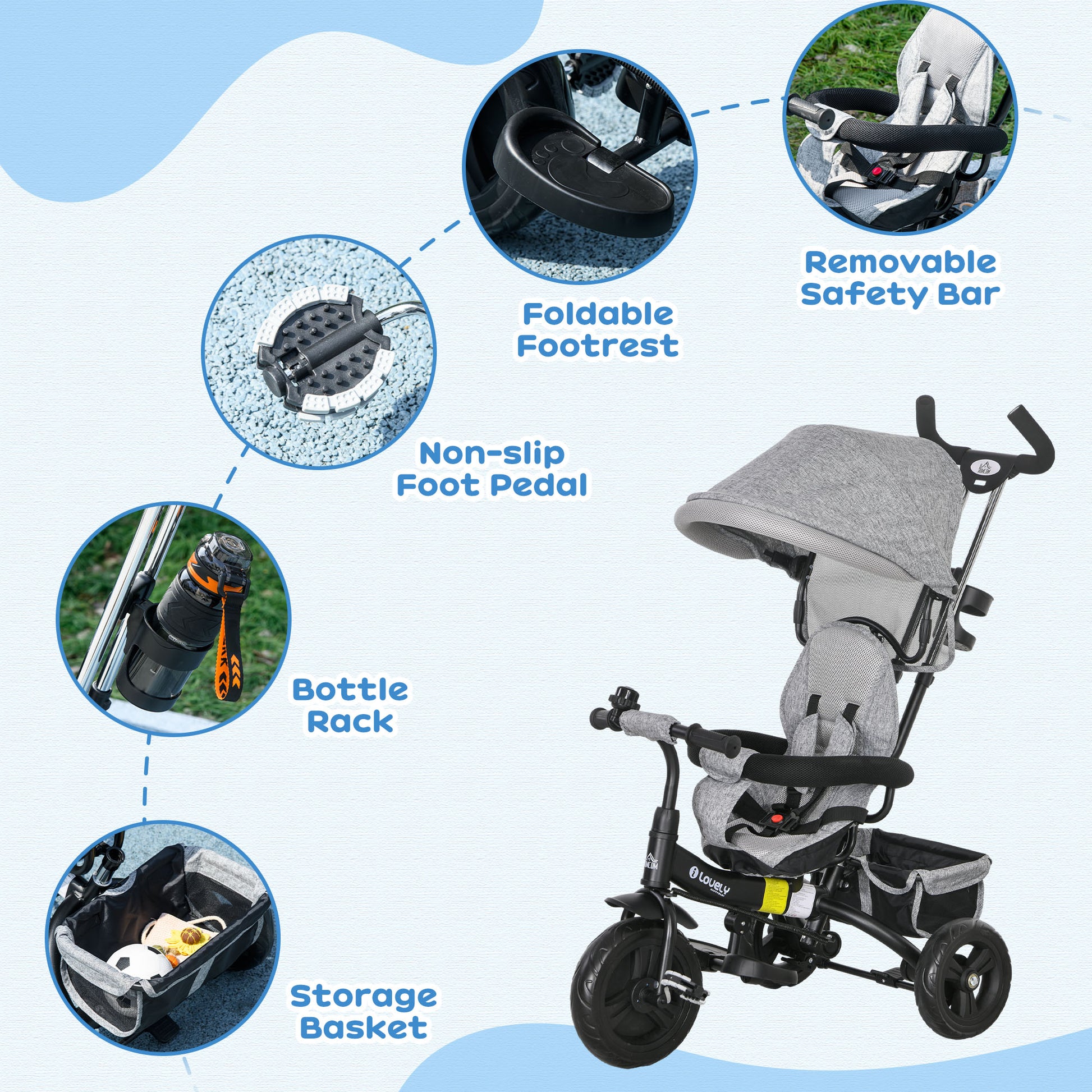 4 in 1 Kids Trike Push Bike with Push Handle, Canopy, 5-point Safety Belt, Storage, Footrest, Brake, for 1-5 Years in Grey | HOMCOM-4