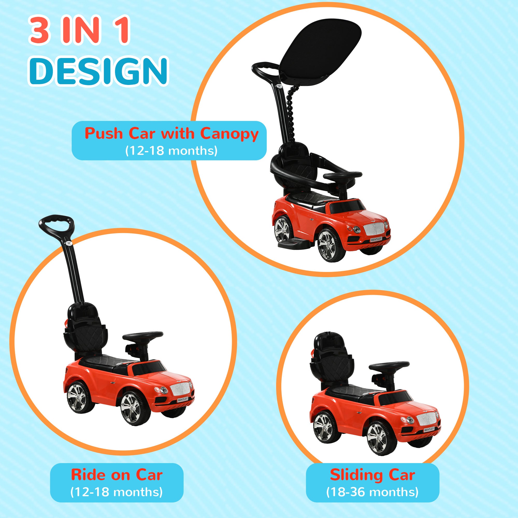 AIYAPLAY Bentley Bentayga Licensed 3-in-1 Baby Push Car, Ride on Car Sliding Car with Canopy, Horn Music in Red-2