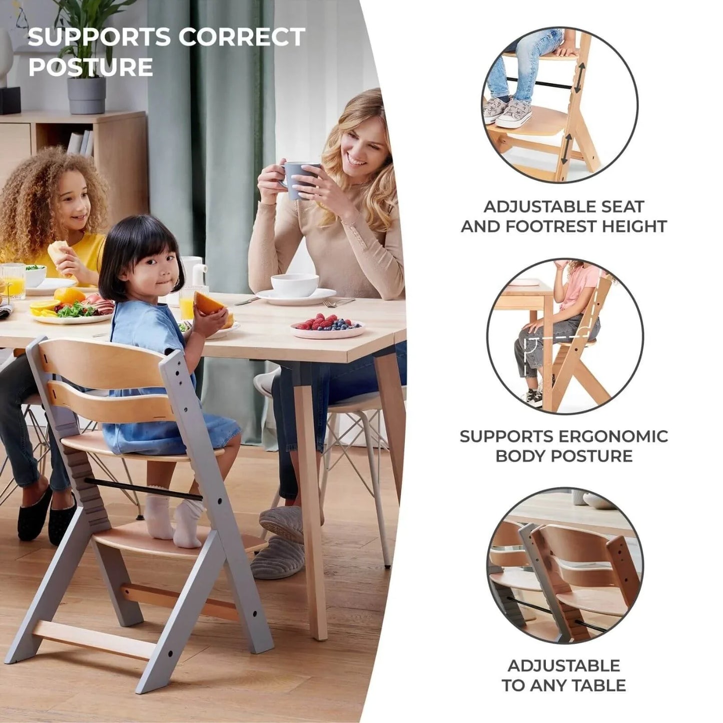 Kinderkraft Enock Wooden Highchair - Wooden Natural