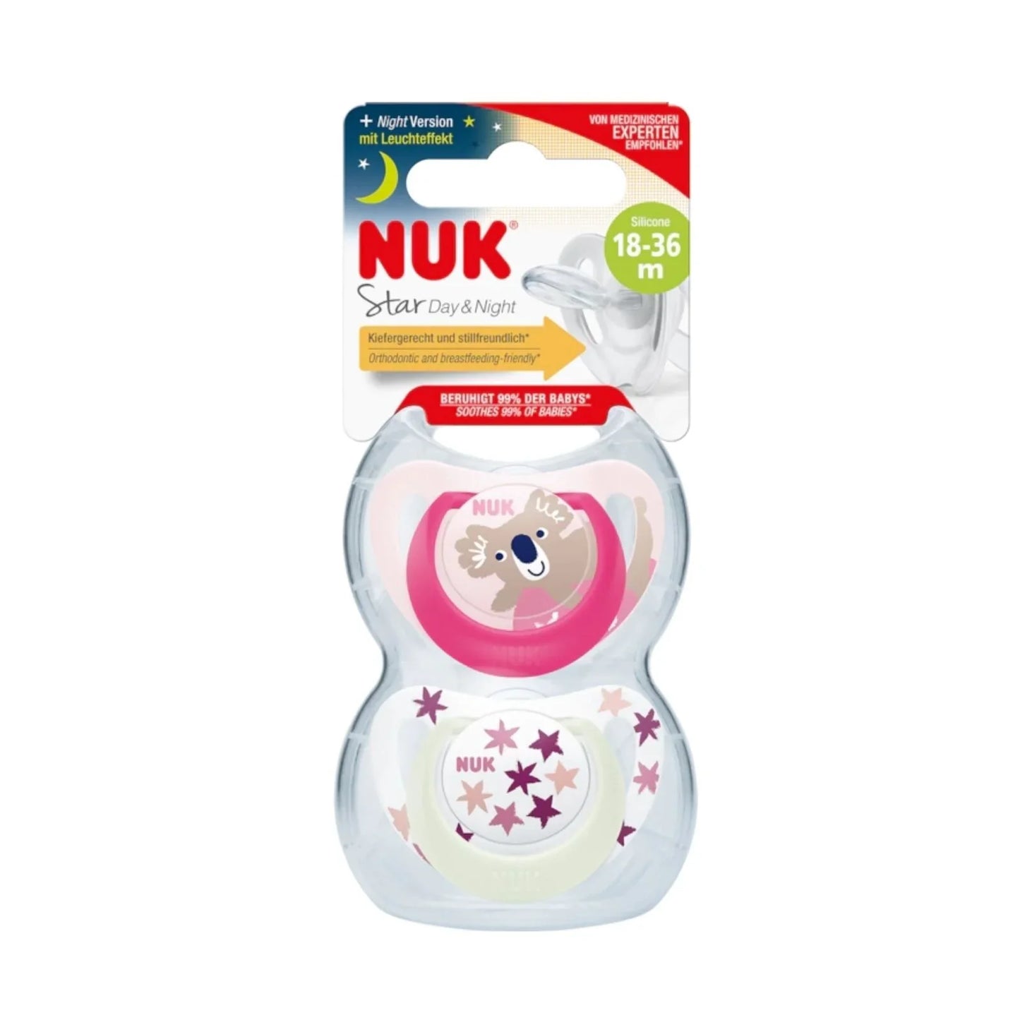 NUK Star Day & Night Soother 18-36 months Pack of 2 - Pink