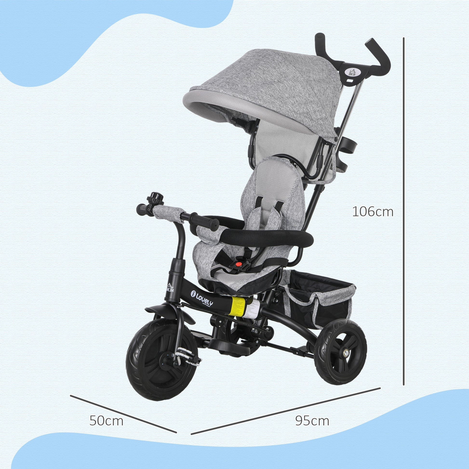 4 in 1 Kids Trike Push Bike with Push Handle, Canopy, 5-point Safety Belt, Storage, Footrest, Brake, for 1-5 Years in Grey | HOMCOM-1