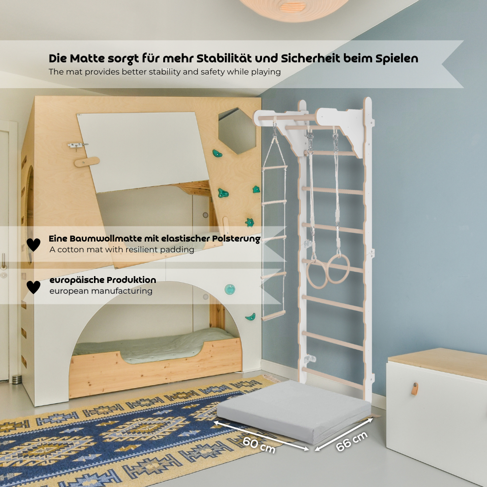 MAMOI® Children's Gymnastics Wall Bar (210 cm) | Wooden Wall-Mounted Ladder | Climbing Ladder for Kids | Gymnastic Rings | Safety Mat | Climbing Rope | 100% ECO | Made in EU-6