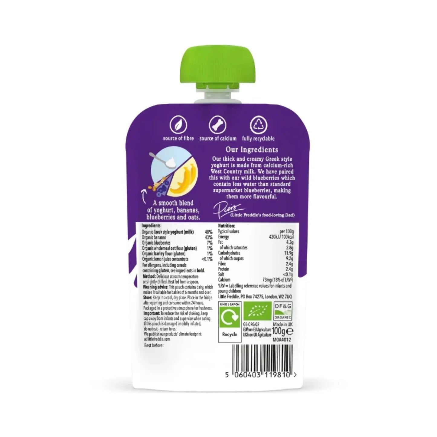 Little Freddie Organic Blueberry & Banana Yoghurt Baby Food Pouch Multipack 6+ months 600g (6x100g)