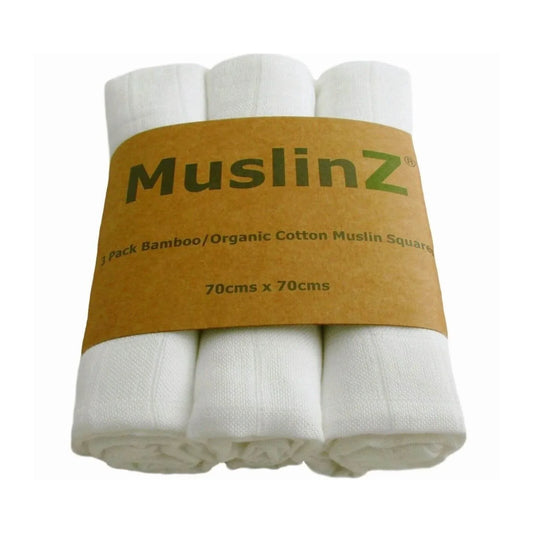 MuslinZ 3 Pack Bamboo/Organic Cotton Muslin Squares 70x70cm - White
