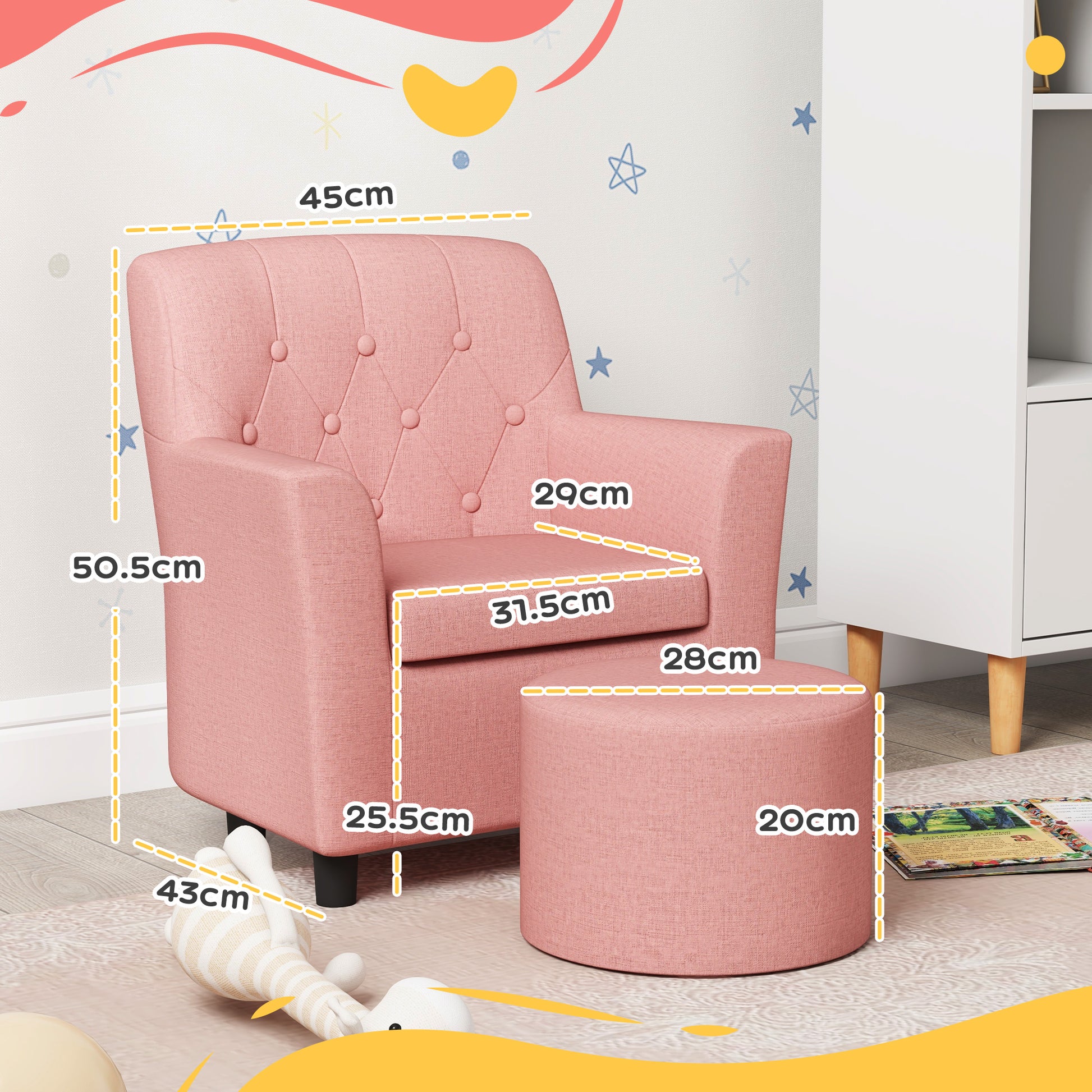 AIYAPLAY 2PCs Kids Sofa Set with Footrest, for Playroom, Bedroom in Pink-1