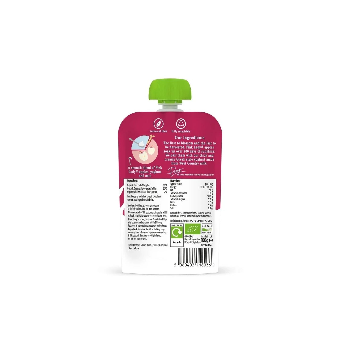 Little Freddie Organic Pink Lady Apple Greek Style Yoghurt Baby Food Pouch 6+ months 100g