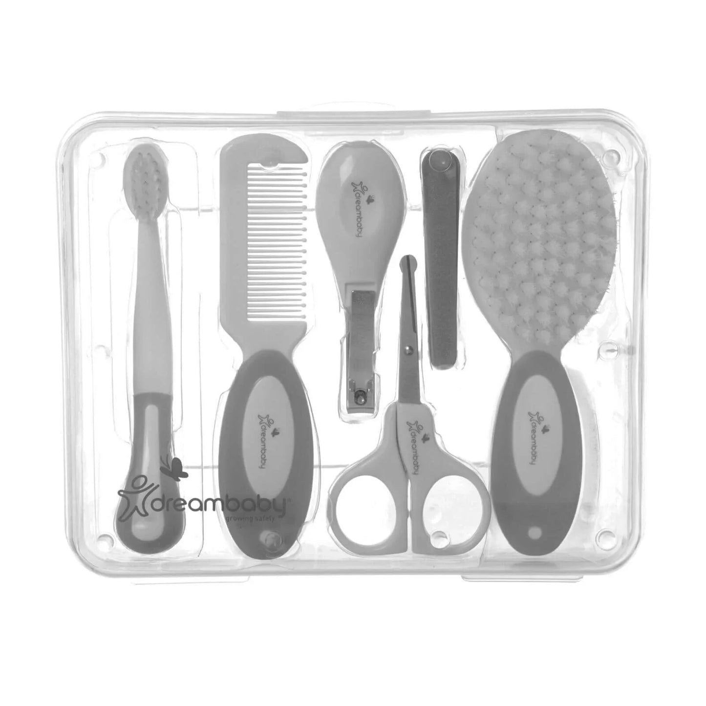 Dreambaby Essentials Deluxe (Ergo Handle) 10 pcs Grooming Kit in Clear Hard Case - Grey