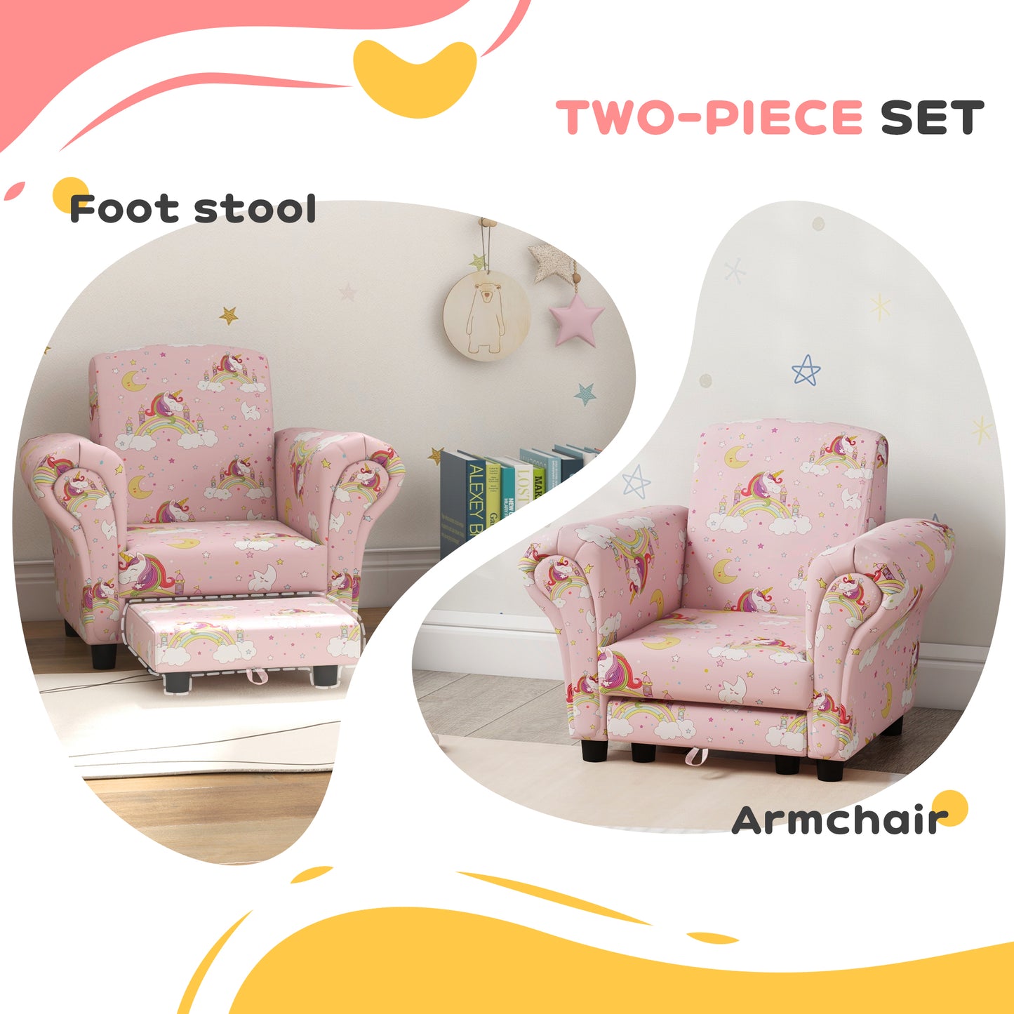 AIYAPLAY 2 Piece Kids Sofa Set with Unicorn Design, Wooden Frame, for 1.5-3 Years Old in Pink-2