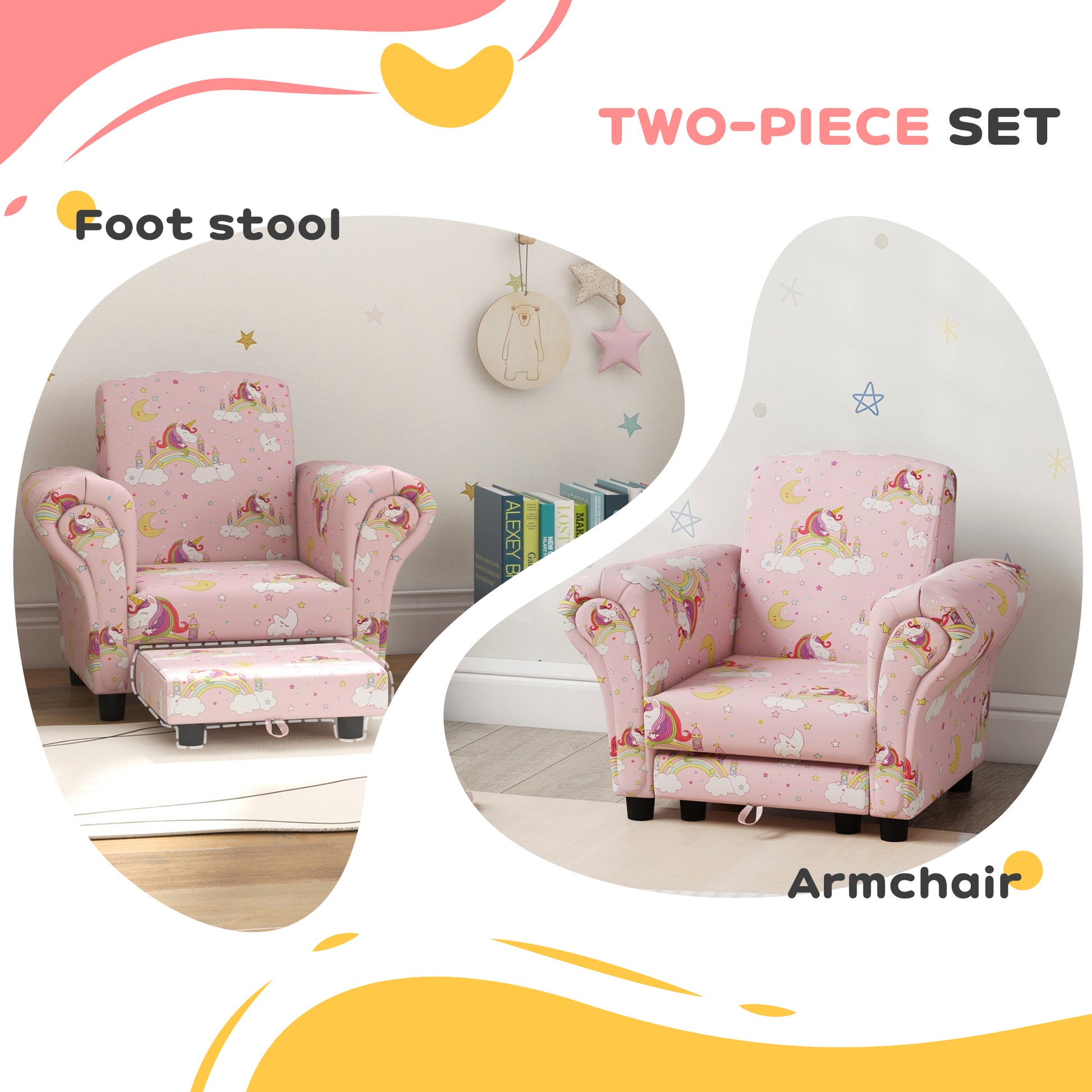 AIYAPLAY 2 Piece Kids Sofa Set with Unicorn Design, Wooden Frame, for 1.5-3 Years Old in Pink-2
