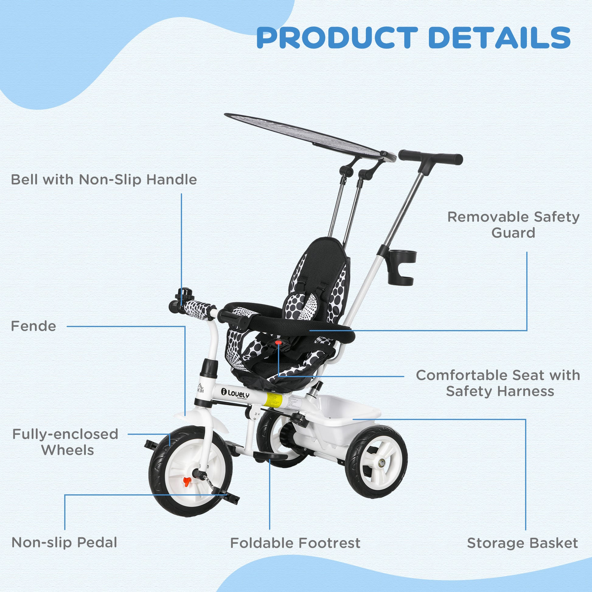 4 in 1 Tricycle for Kids with 5-point harness straps, Removable Canopy in White by HOMCOM-5
