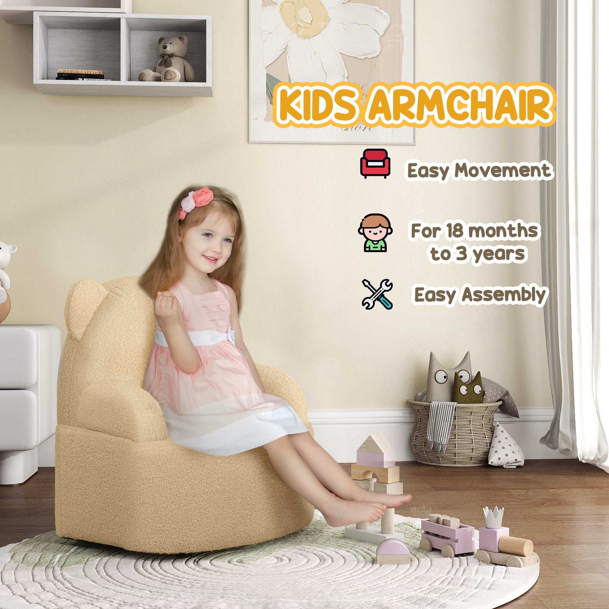 AIYAPLAY Kids Sofa Kids Armchair, Bear Shaped Toddler Chair for Bedroom Playroom Living Room, Aged 18 Months to 3 Years in Khaki-4