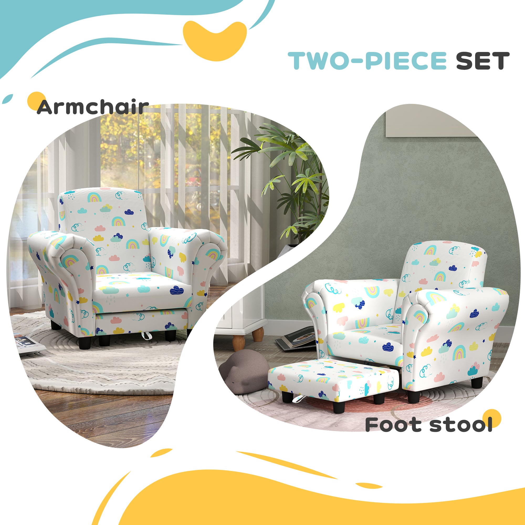 AIYAPLAY 2 Piece Kids Sofa Set with Cloud Design, Wooden Frame, for 1.5-3 Years Old, White-2