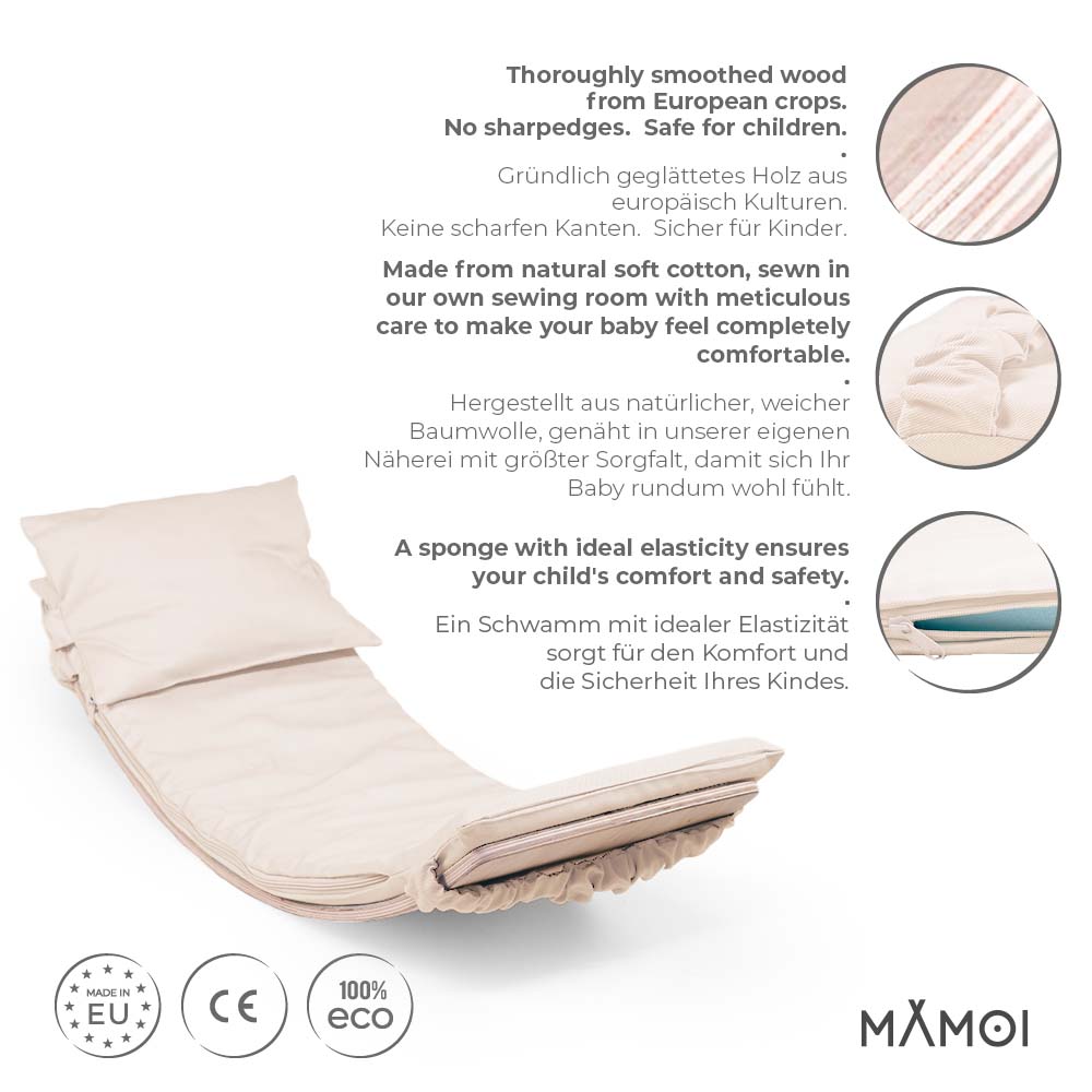 MAMOI® Wooden balance board for kids with beige cushion , Rocker seesaw, Baby balancing games, Toddler balance game, Wobble board, Play equipment for children, montessori sensory toys-1