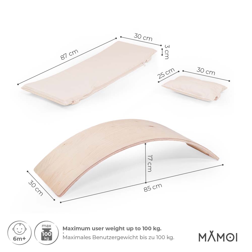 MAMOI® Wooden balance board for kids with beige cushion , Rocker seesaw, Baby balancing games, Toddler balance game, Wobble board, Play equipment for children, montessori sensory toys-2