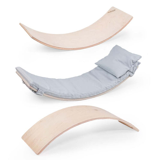 MAMOI® Wooden balance board for kids with light grey cushion , Rocker seesaw, Baby balancing games, Toddler balance game, Wobble board, Play equipment for children, montessori sensory toys-0