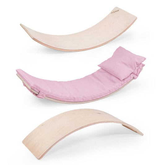 MAMOI® Wooden balance board for kids with pink cushion , Rocker seesaw, Baby balancing games, Toddler balance game, Wobble board, Play equipment for children, montessori sensory toys-0