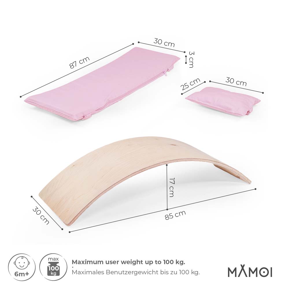 MAMOI® Wooden balance board for kids with pink cushion , Rocker seesaw, Baby balancing games, Toddler balance game, Wobble board, Play equipment for children, montessori sensory toys-2