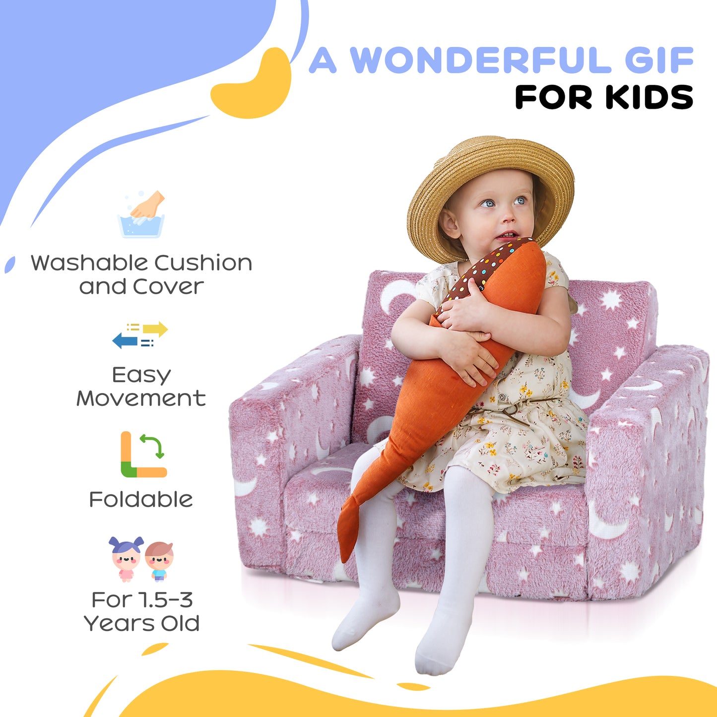 Childrens Sofa Beds 2 in 1 Kids Foldable Chair with Glow in The Dark Stars Moon Design, Washable Cushion and Cover in Pink | AIYAPLAY-5