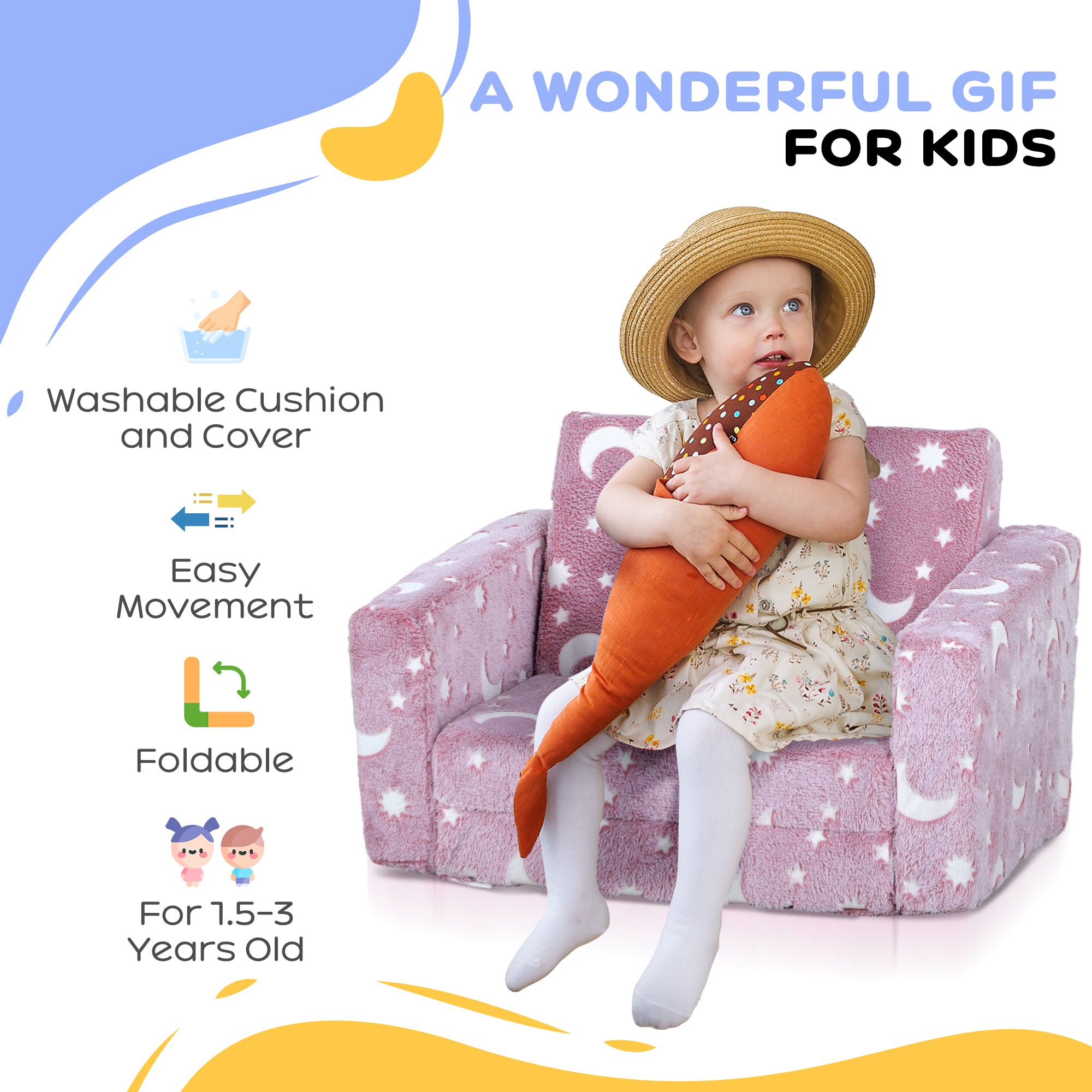 Childrens Sofa Beds 2 in 1 Kids Foldable Chair with Glow in The Dark Stars Moon Design, Washable Cushion and Cover in Pink | AIYAPLAY-5