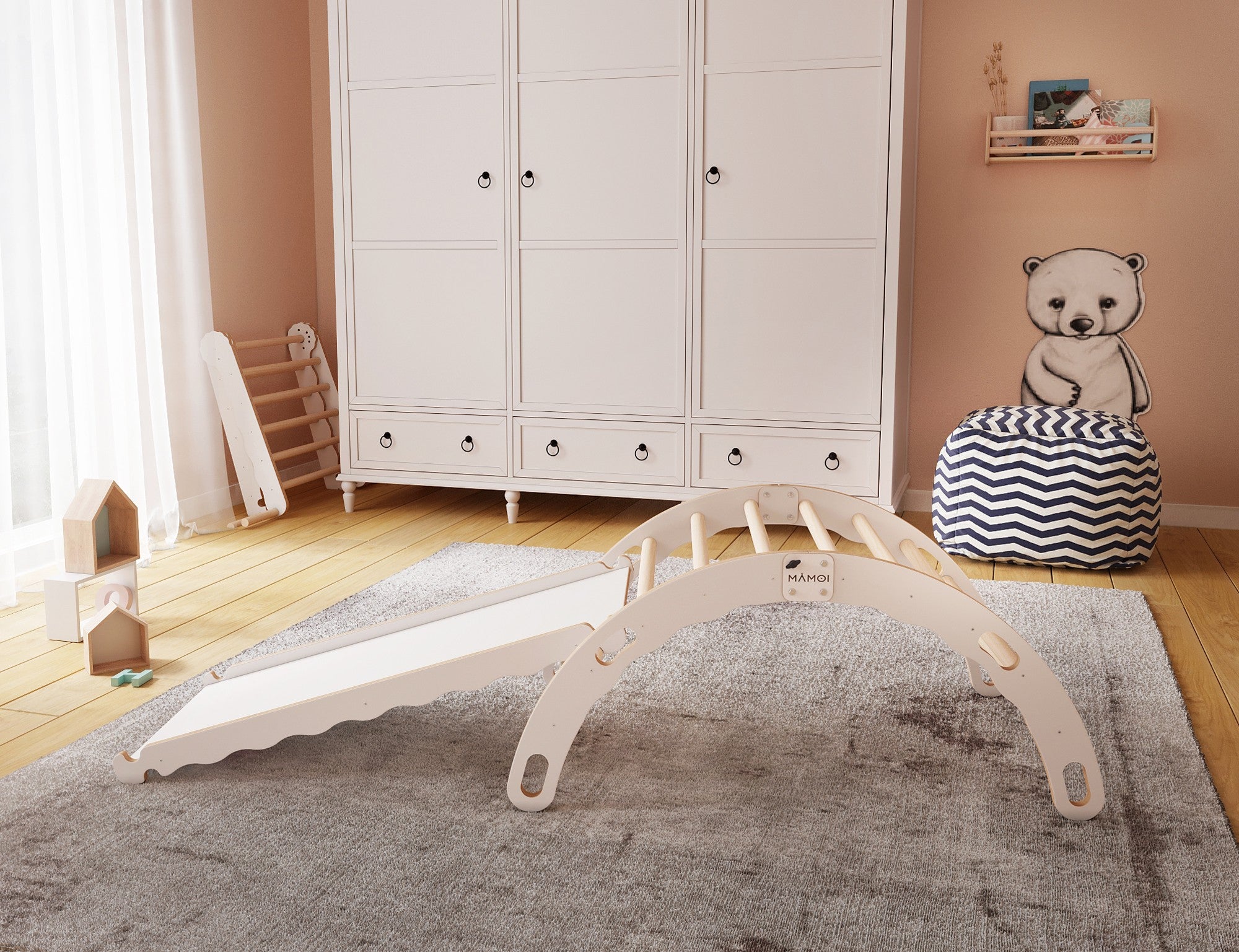 MAMOI® Indoor climbing frame for toddlers, Wooden baby gym with slide, Play gym rocker toys made of wood for toddler, Rockers montessori climbing frame age 1-3-2