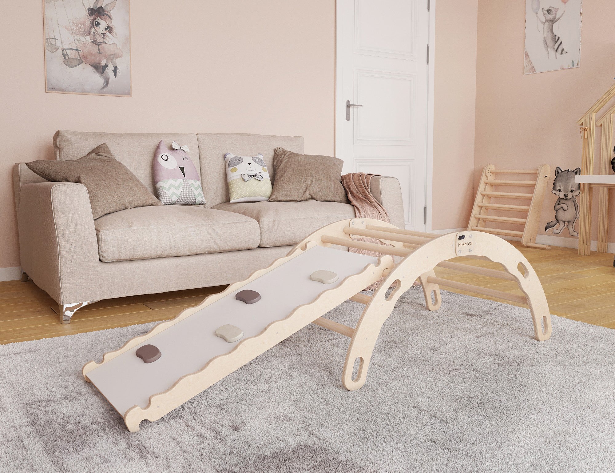 MAMOI® Indoor climbing frame for toddlers, Wooden baby gym with slide, Play gym rocker toys made of wood for toddler, Rockers montessori climbing frame age 1-3-2