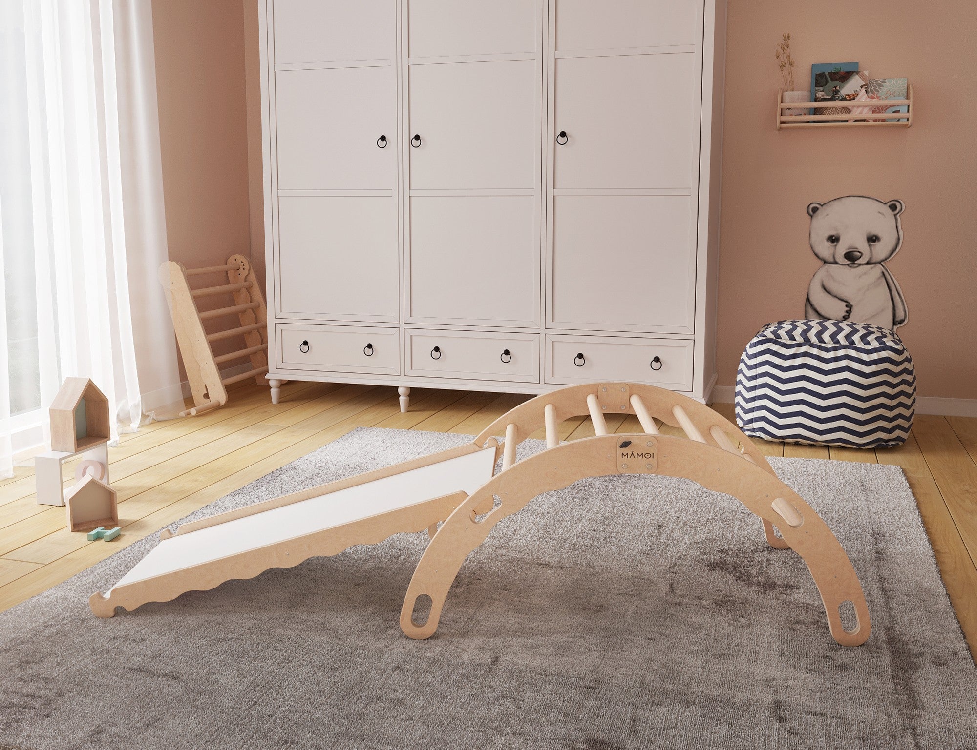 MAMOI® Indoor climbing frame for toddlers, Wooden baby gym with slide, Play gym rocker toys made of wood for toddler, Rockers montessori climbing frame age 1-3-3