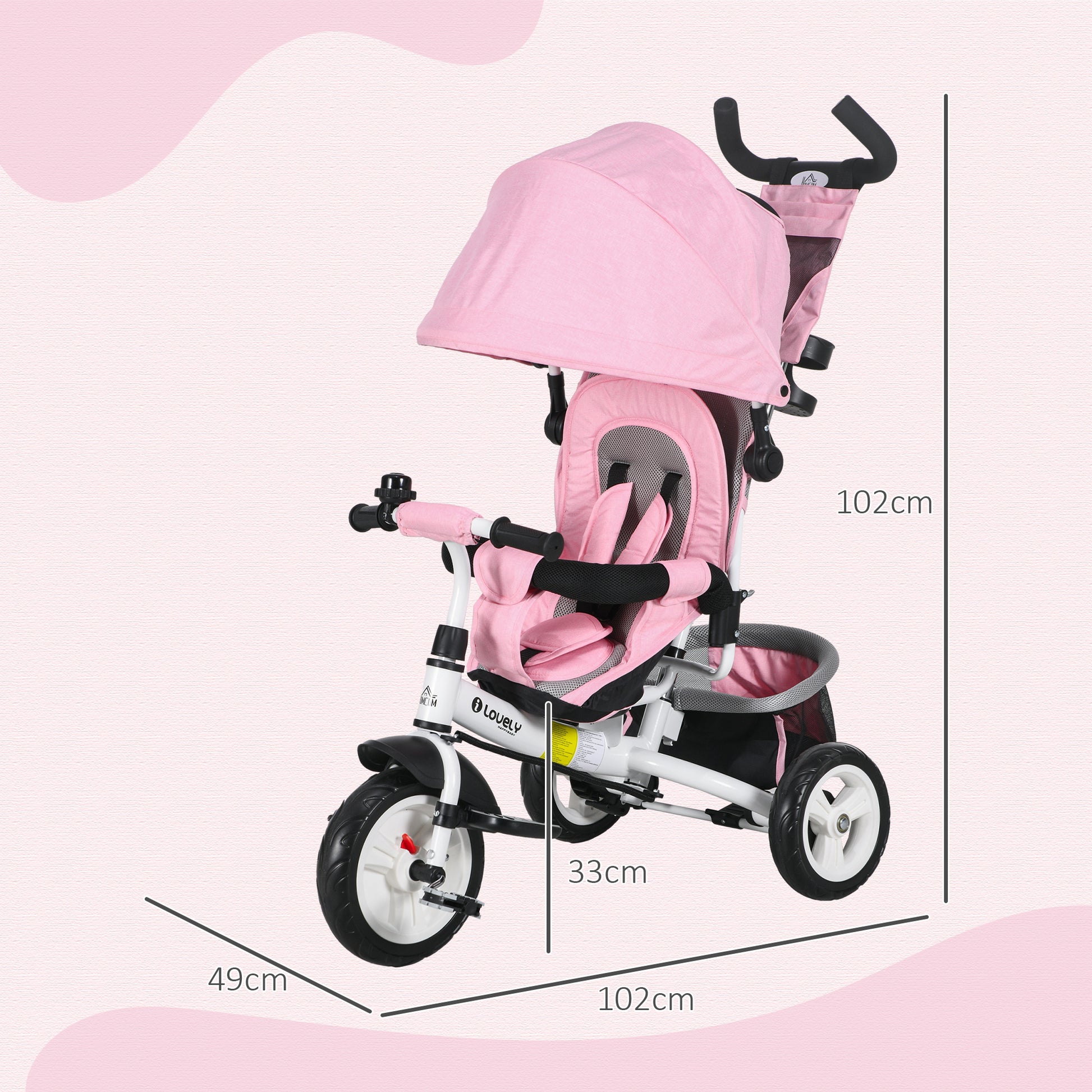 4 in 1 Kids Trike Push Bike w/ Push Handle, Canopy, 5-point Safety Belt, Storage, Footrest, Brake, for 1-5 Years, Pink | HOMCOM-1