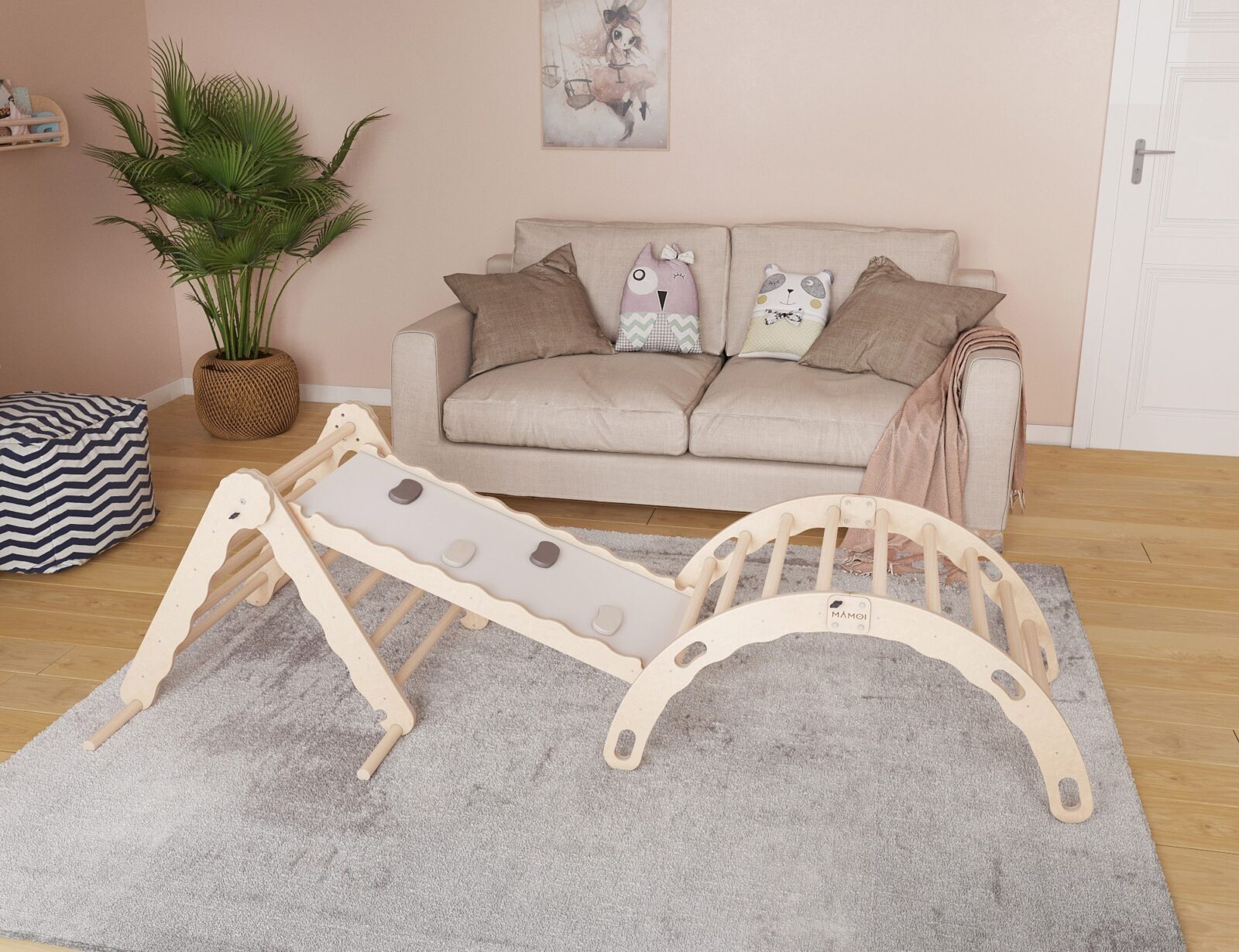 MAMOI® SET: Climbing frame, triangle and slide, Indoor wooden baby gym for toddlers, Toddler rockers, Climbers & play structures montessori from age 1-3 year old-1