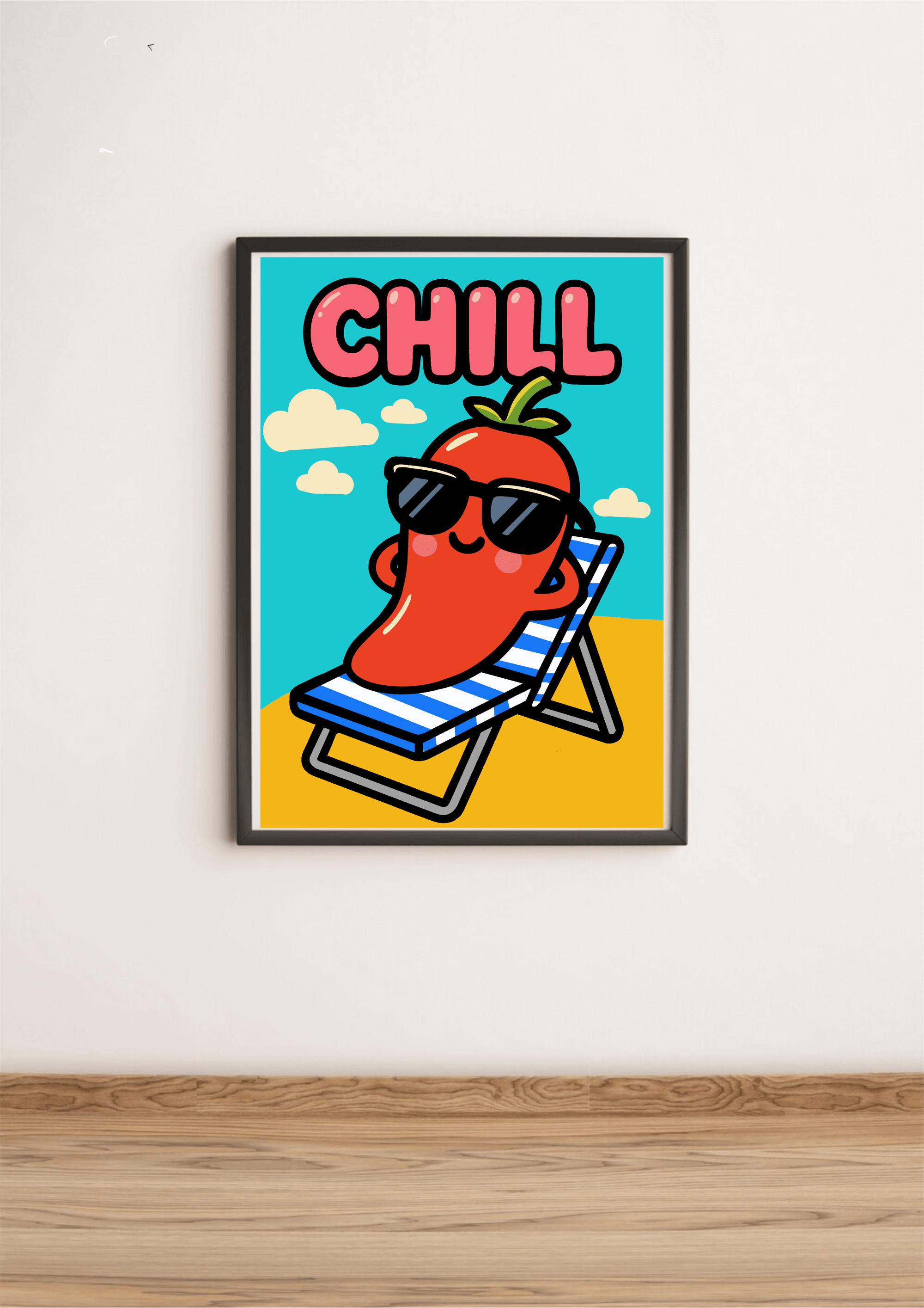 CHILL Cartoon Pepper Art Print – Fun Beach Wall Poster A3 A4 A5