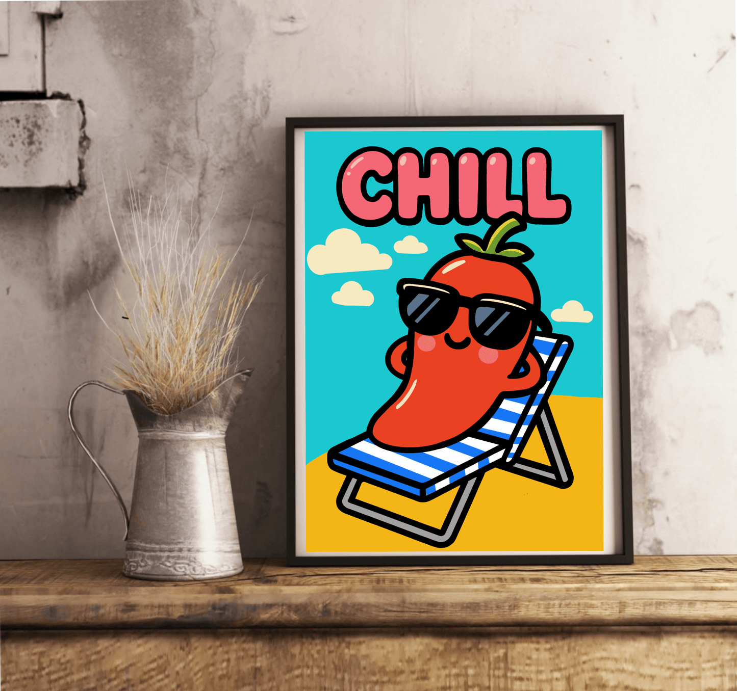 CHILL Cartoon Pepper Art Print – Fun Beach Wall Poster A3 A4 A5