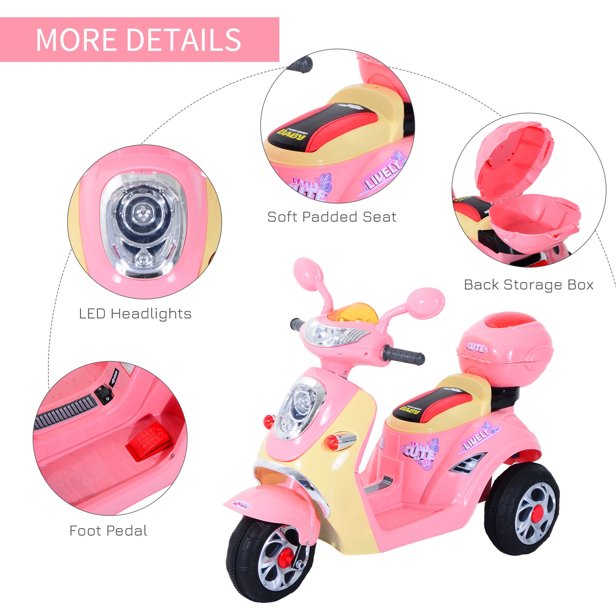 HOMCOM Toy Motorbike Plastic Music Playing Electric Ride-On Motorbike w/ Lights Pink-5