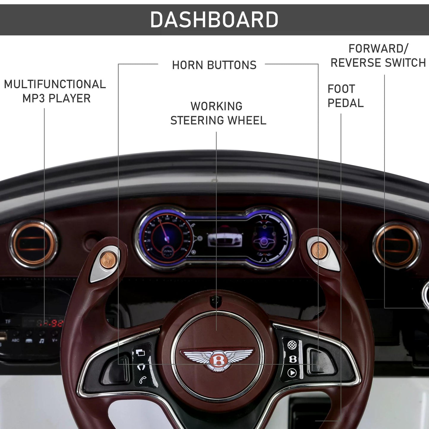 Bentley Kiddie Cruiser: 12V Ride-On with LED Illumination, MP3 Player, Youthful Thrill on Wheels, White | HOMCOM-3