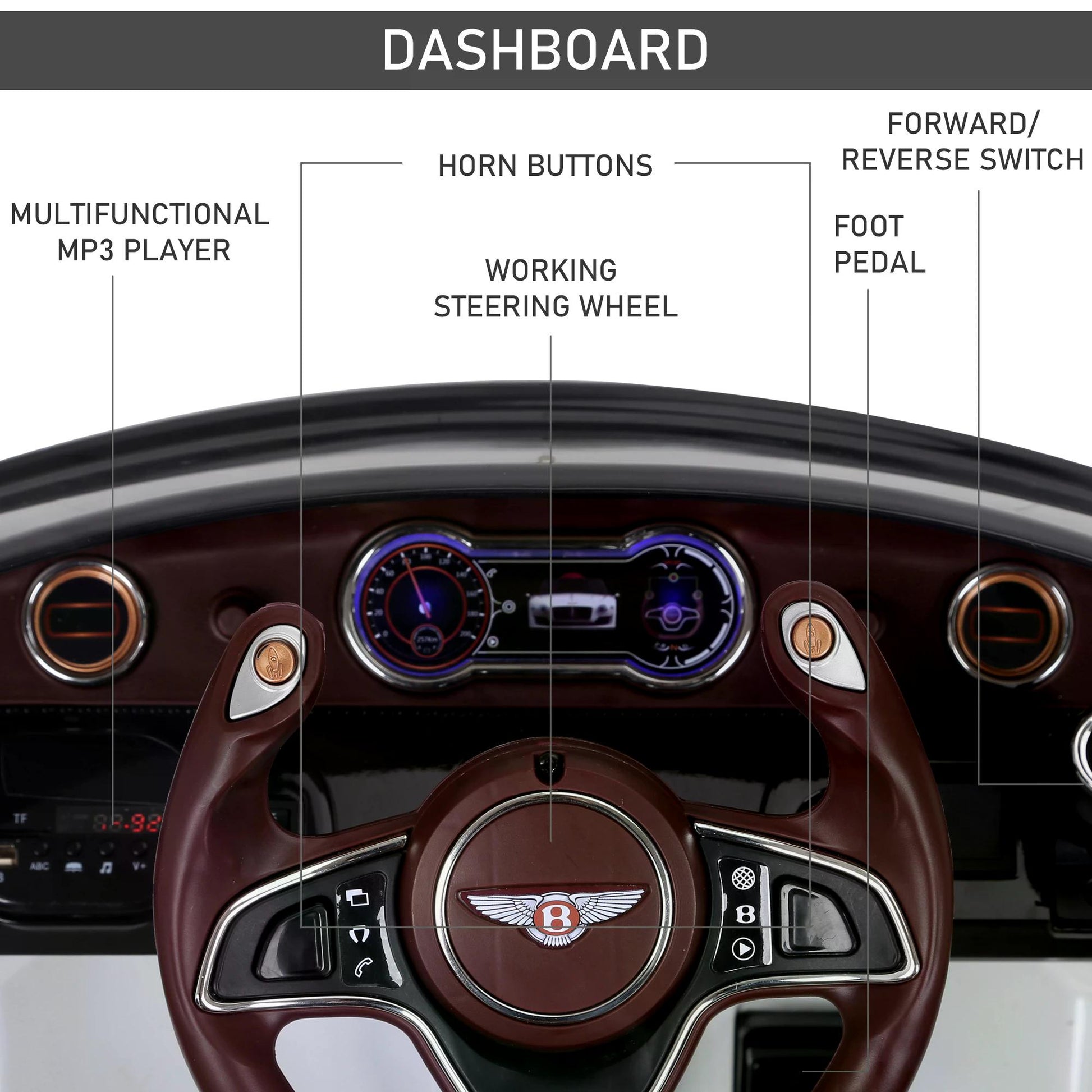 Bentley Kiddie Cruiser: 12V Ride-On with LED Illumination, MP3 Player, Youthful Thrill on Wheels, White | HOMCOM-3