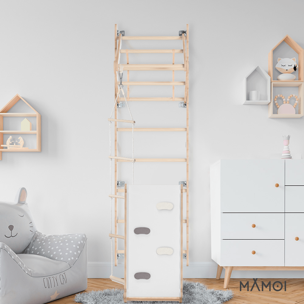 MAMOI® Swedish ladder, Wooden gorilla gym for kids, Indoor baby climbing frame for toddlers, Monkey bars and play gym, Childrens climbing wall, Gymnastics bar and equipment for home-4